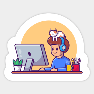 Male working on computer with cat 1 Sticker